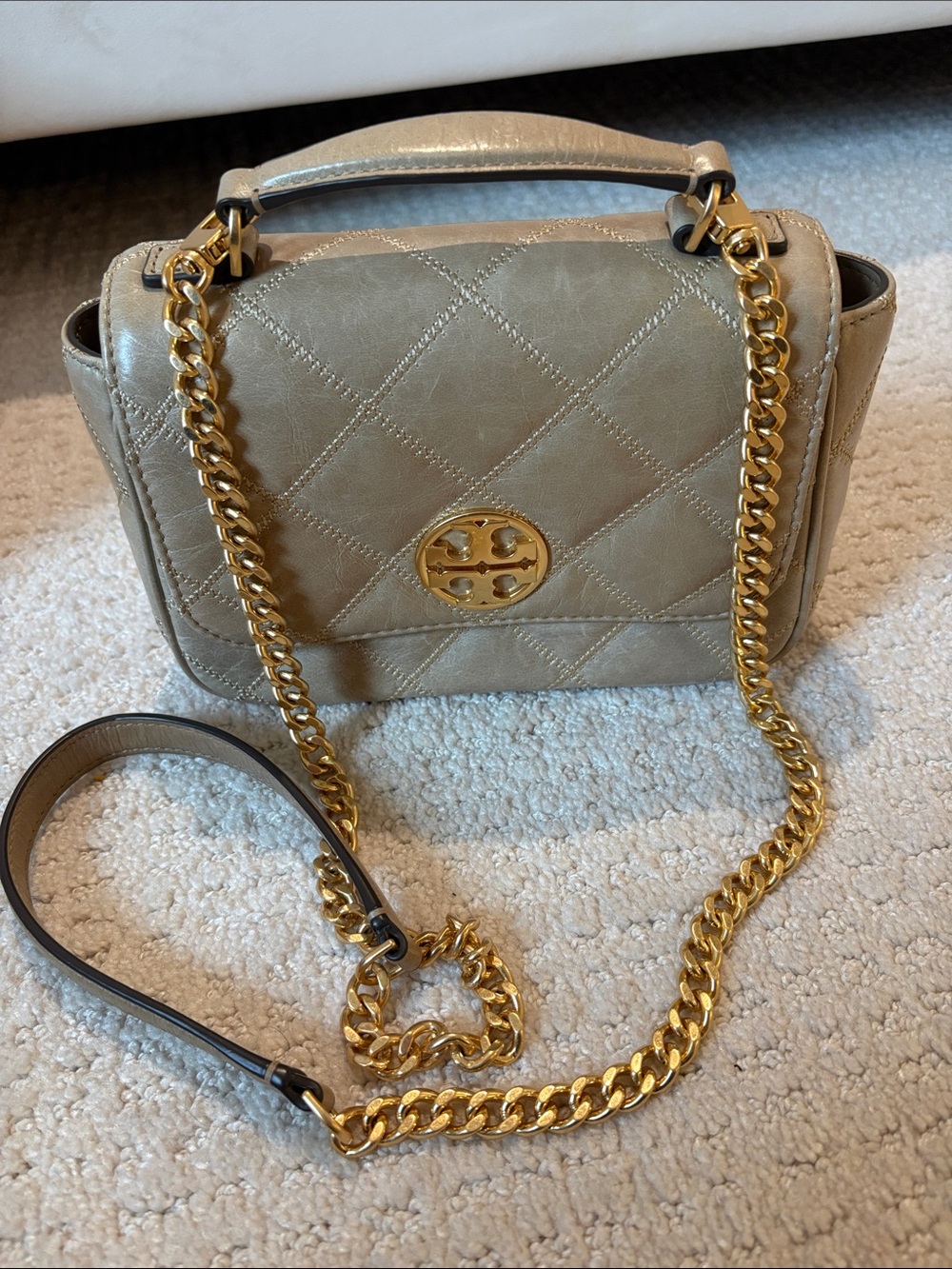 Tory Burch Quilted Leather Shoulder Bag in Taupe with Gold Hardware